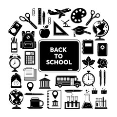 Collection of school supplies and educational icons in a silhouette style including a blackboard with back to school text isolated on transparent background