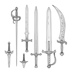 Collection of seven ornate fantasy swords and daggers with intricate details and varied blade shapes presented as a silhouette isolated on transparent background