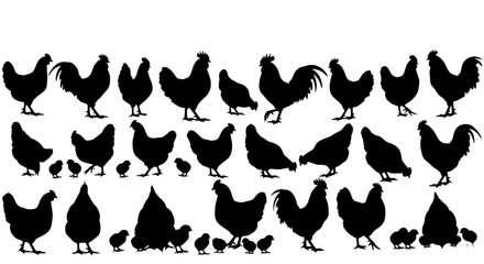 Naklejka premium Collection of black chicken and chick silhouettes in various poses and sizes isolated on transparent background silhouette