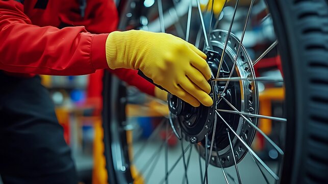 Mechanic inspecting bicycle wheel in workshop.
