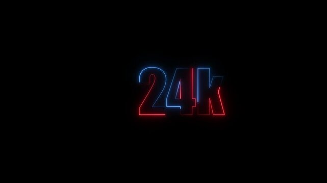 Abstract Neon Light 24K Letter Icon Animation on black background 4K Video ,Thank you for 24k followers online social banner happy celebration