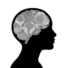 Stylized silhouette profile of a woman s head with a detailed brain illustration composed of fingerprint patterns inside the skull isolated on transparent background silhouette