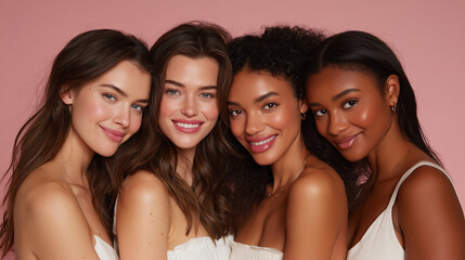 Fototapeta premium Group of young women with perfect skin posing for skincare ad healthy skin, clean beauty, youthful glow, minimal makeup, women empowerment, radiant complexion, beauty portrait, fla