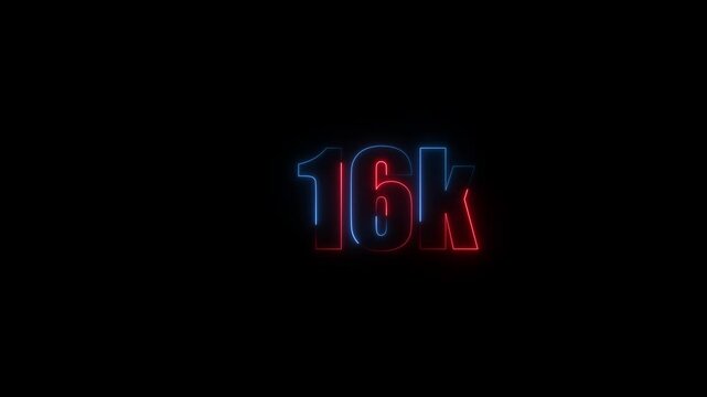 Abstract Neon Light 16K Letter Icon Animation on black background 4K Video, Thank you for 16k followers online social banner happy celebration