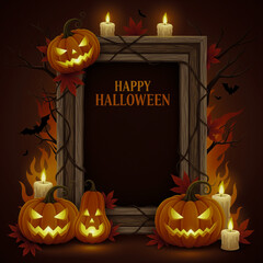 Happy Halloween Wooden Frame Decor Glowing Jack o Lanterns Flickering Candles Autumn Leaves Bare Branches Bats Orange Flames Spooky Festive Ambiance