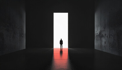 Obraz premium Silhouette of person walking toward bright doorway in dark minimalist corridor symbolizing transition and hope