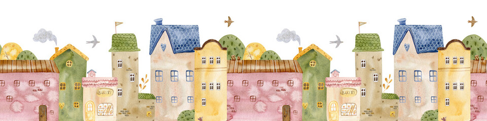Cute seamless watercolor border pattern with colorful houses, trees, and clouds. rchitectural seamless border pattern. Ideal for children prints, nursery decor, fabric, and stationery.