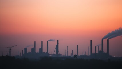 Industrial landscape at dusk with smokestacks and atmospheric haze, rendered in moody colors with soft focus.