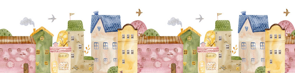 Cute seamless watercolor border pattern with colorful houses, trees, and clouds. rchitectural seamless border pattern. Ideal for children prints, nursery decor, fabric, and stationery.