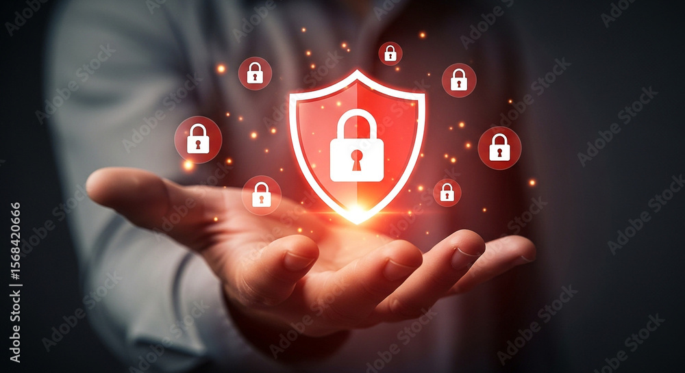 Aufkleber cyber security concept hand holding shield with lock data protection and digital technology 99chr