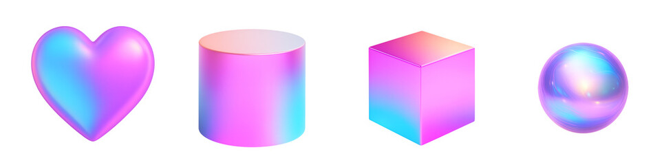 Holographic 3D Shapes with Glossy Iridescent Surface &ndash; Heart, Cylinder, Cube, and Sphere Rendered in Chrome-Like Plastic with Rainbow Reflection