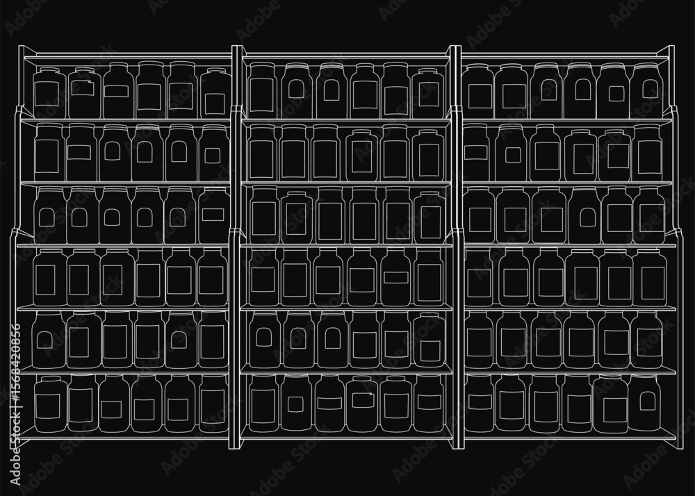 Poster a black and white drawing of a shelf neatly organized with jars for bottle storage, showcasing an ef