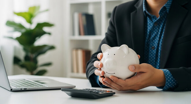 Saving money tips for business investment and financial planning with piggy bank and calculator at desk