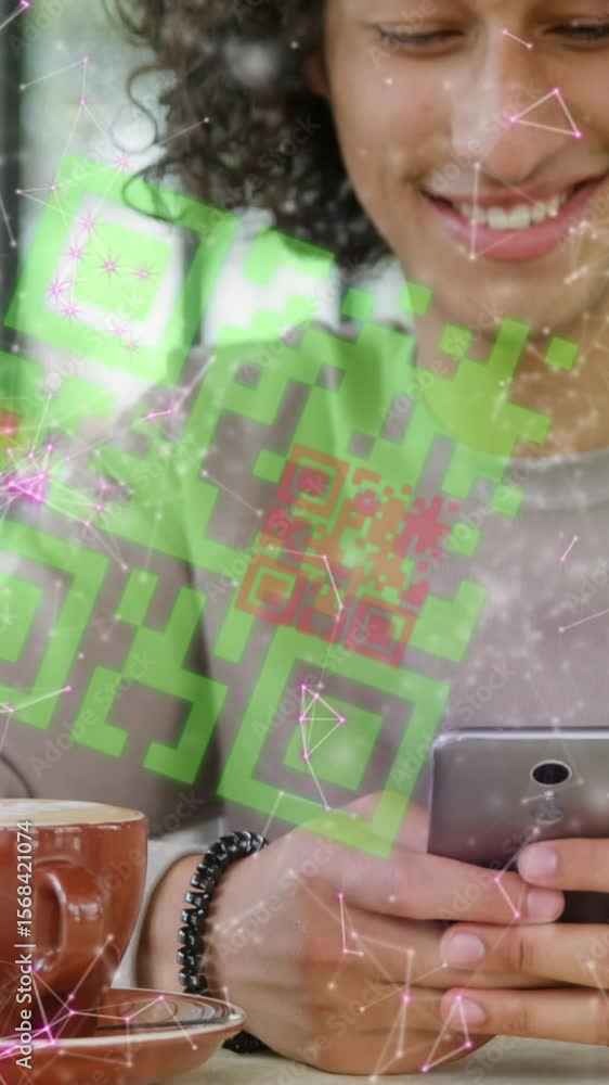 Poster animation of percent and unk binary coding over woman using smartphone