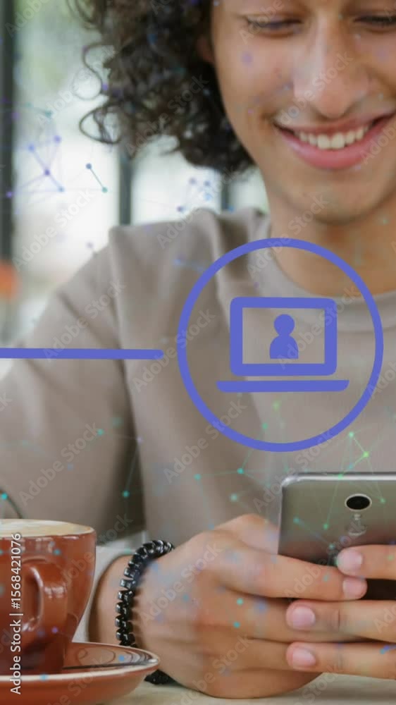 Poster Animation of icons in circles and connected dots over smiling young man using cellphone