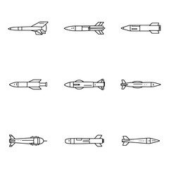 set of missile Line Art vector design, vector, plane, icon, illustration, set, helicopter, airplane, silhouette, symbol, aircraft, air, drawing, transportation, design, icons, vintage, trumpet, weapon