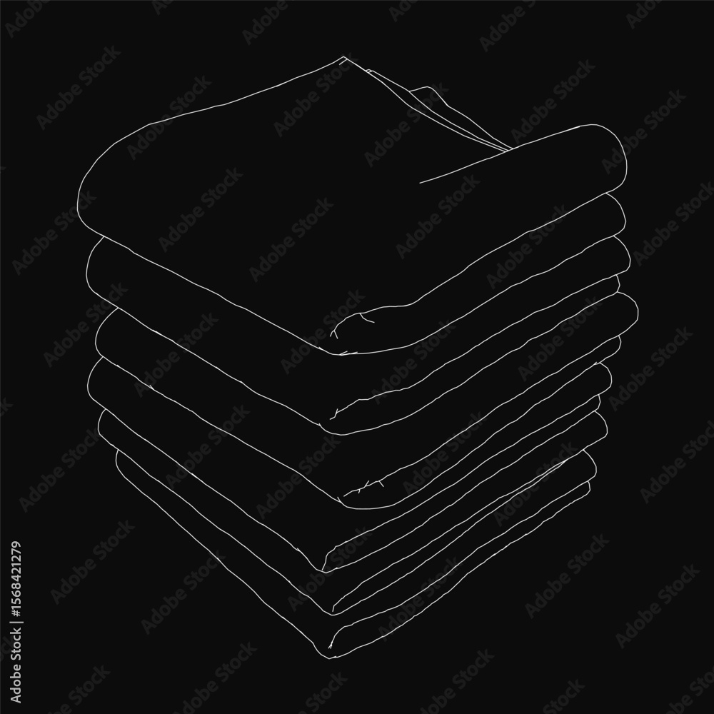 Poster a stack of white towel outlines with clean vector lines on a black background, arranged in a neat pi