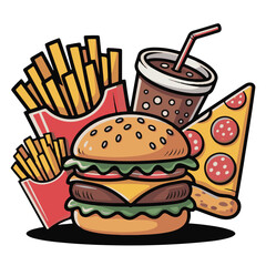 A vibrant cartoon vector illustration set of fast food icons featuring burgers, pizza, fries, and drinks perfect for any restaurant menu