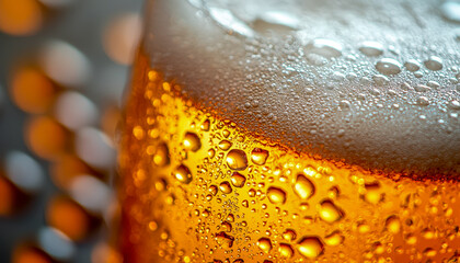 Close-up of a frosty glass of beer with condensation droplets