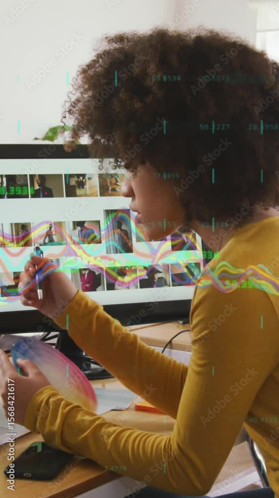 Poster composite of financial data processing over businesswoman using computer in office