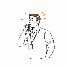 Male coach blowing whistle while smiling in sports attire  