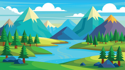 Fototapeta premium Cartoon Landscape Mountains, River, and Trees with Clear Blue Sky and Clouds
