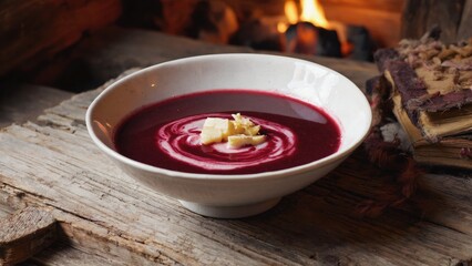 Warm beetroot soup with ginger and apple garnish by a cozy fireplace