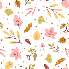 Seamless vector pattern with hand-drawn textured autumn leaves in pastel and warm tones. Perfect for textile, fabric, wrapping, stationery and cozy seasonal projects.