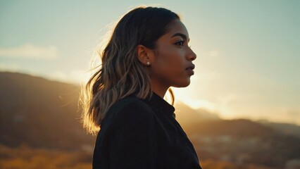 Fototapeta premium Hispanic female profile at sunset in outdoor mountain scenery