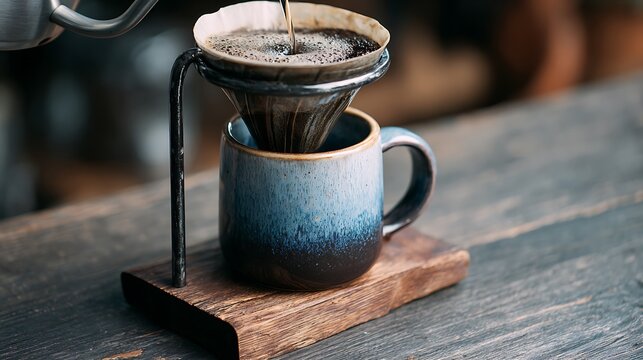A close up view of a DIY pour over coffee setup with handmade ceramic mug on rustic wooden table in natural light
