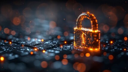 Glowing padlock on circuit board with bokeh. Data protection concept