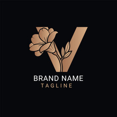Elegant V Letter Logo with Floral Design Feminine Boutique, Beauty Salon, Wedding & Skincare Brand Monogram