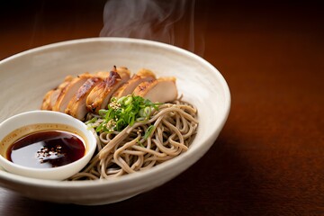 Steaming soba noodles with sliced grilled chicken and dipping sauce