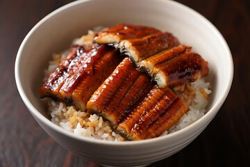 Delicious unagi donburi japanese grilled eel rice bowl close up