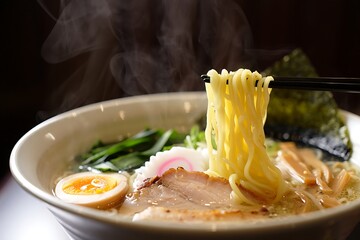 Steaming bowl of delicious ramen noodles with pork and egg