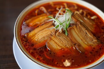 Delicious bowl of spicy ramen with tender pork belly and fresh green onions