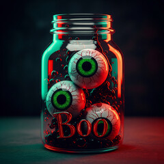 Eerie Eyeball Jar with Boo Clear Glass Jar Bloodshot Green Eyeballs Dark Spheres Reddish Brown Boo Text Contrasting Red Green Light Unsettling Contents