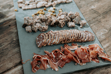 Assortiment de charcuterie et pâté servit sur un plateau