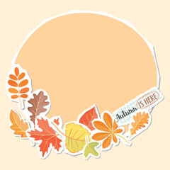 Autumn background with collage elements. Leaves and torn piece of squared paper with text. Cartoon objects with paper cut shapes. Orange, yellow, green, red, brown colors. Vector design for banner