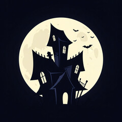 Haunted House Silhouette at Full Moon Multiple Spires Windows Against Glowing Moon Flying Bats Eerie Spooky Halloween Night Scene