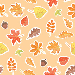 Autumn seamless pattern with collage elements. Leaves of different types of trees. Cartoon objects with paper cut shapes. Orange, yellow, green, red, brown colors. Vector design for textile,wallpaper.