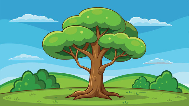 Cartoon Tree Landscape Featuring Green Grass, Rolling Hills, Blue Sky, and Scattered Clouds