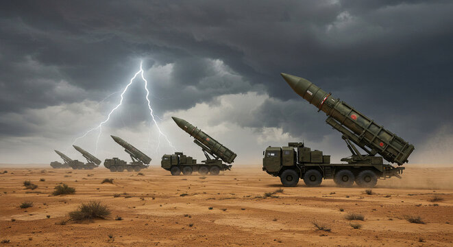 &ldquo;A convoy of Iranian ballistic missiles on mobile launchers moving through a barren desert under stormy clouds&rdquo;