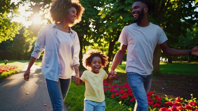 Happy young diverse family laughing and walking down beautiful path in the park, family lifestyle moments
