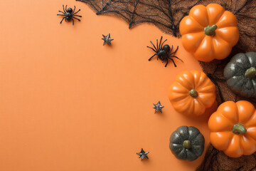 3d halloween pumpkins and spiders with copy space