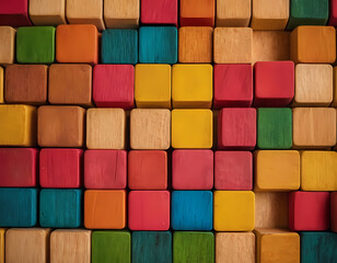 Colorful background of wooden blocks. A Spectrum of multi colored wooden blocks aligned. Abstract color ful Background with copy text space