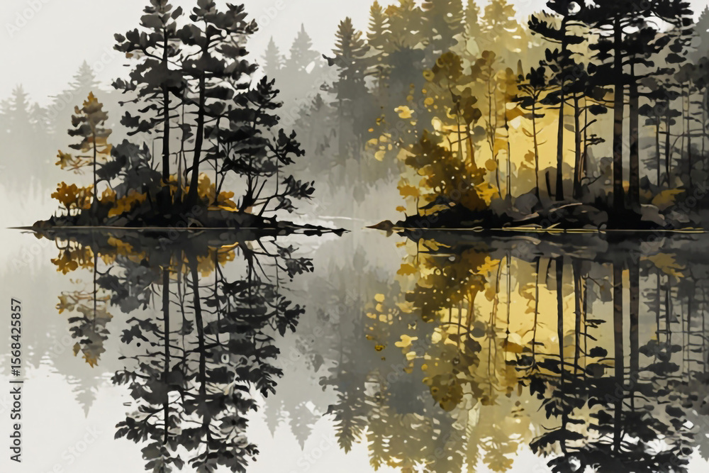 Poster artistic landscape with trees reflected in water and a misty background in muted colors and tones cr