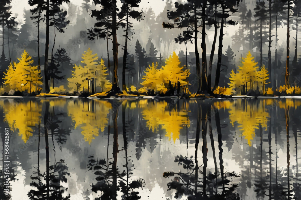 Fototapete artistic rendering of a forest with yellow trees reflected in a body of water with tall dark trees c