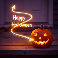 Festive Happy Halloween Jack o Lantern Glowing Pumpkin Ethereal Light Trail Forming Text Weathered Porch Blurred Door Fallen Leaves Warm Inviting Greeting