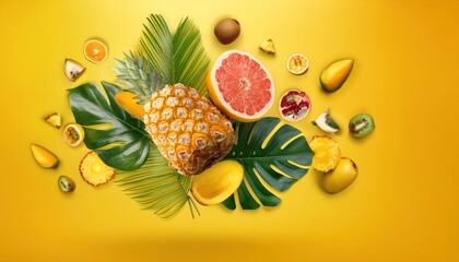 Summer Party Vibes Tropical Fruits and Leaves Floating on Yellow Background with Copy Space